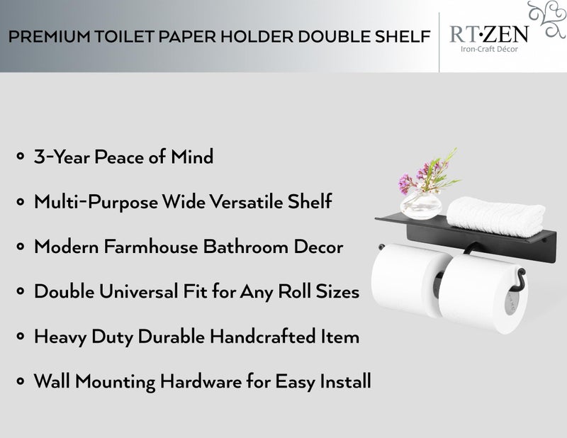 RTZEN Bathroom Toilet Paper Holder with Shelf - Handcrafted Rustic Wrought Iron Wall Decor Toilet Roll Holder - Black Matte Wall Mount Bar for Modern Farmhouse Bathroom Decor - Image 2